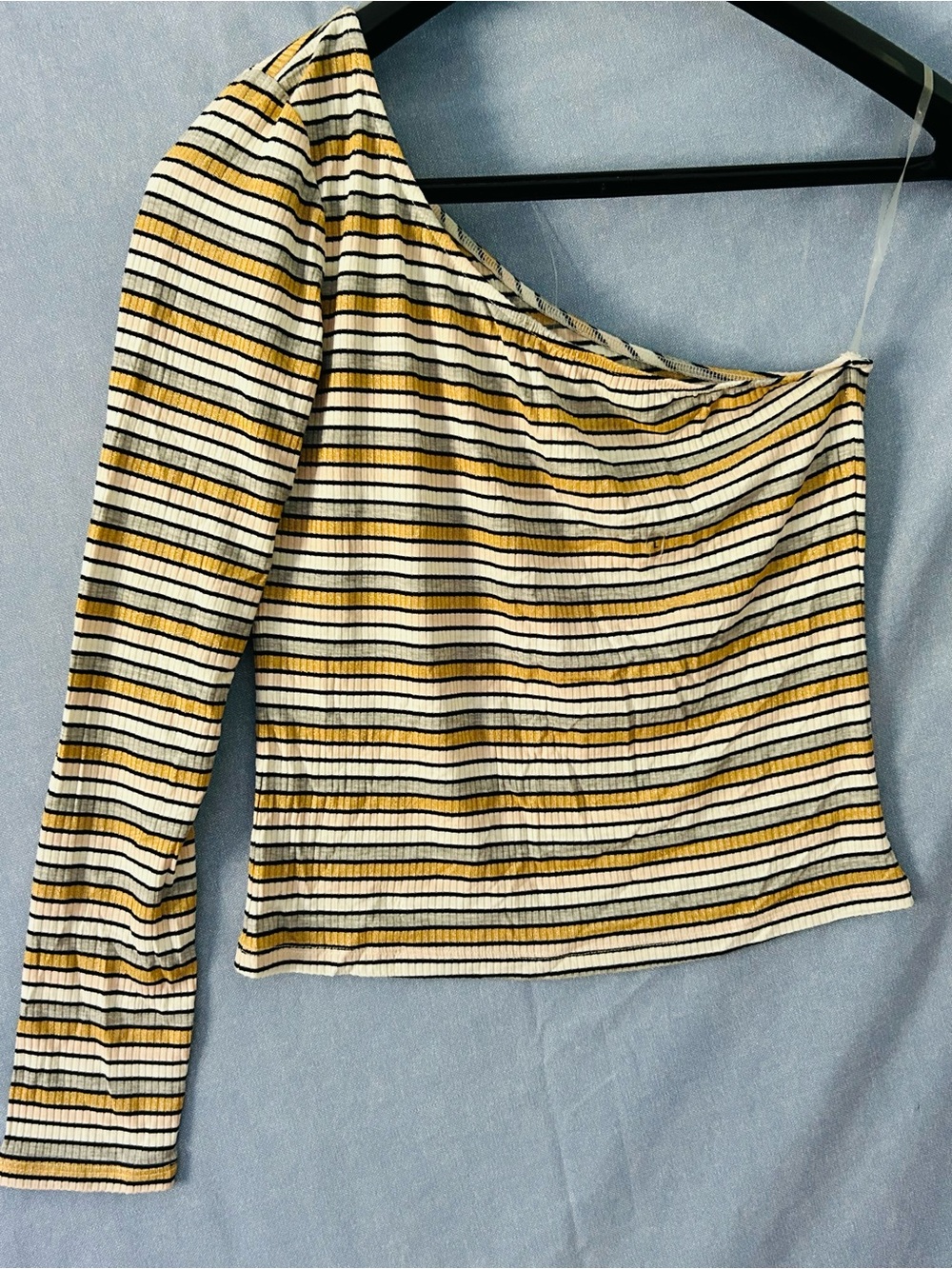 Aeropostale Striped One-Shoulder Ribbed Top in Gold, Gray, Pink, White SZ: Large